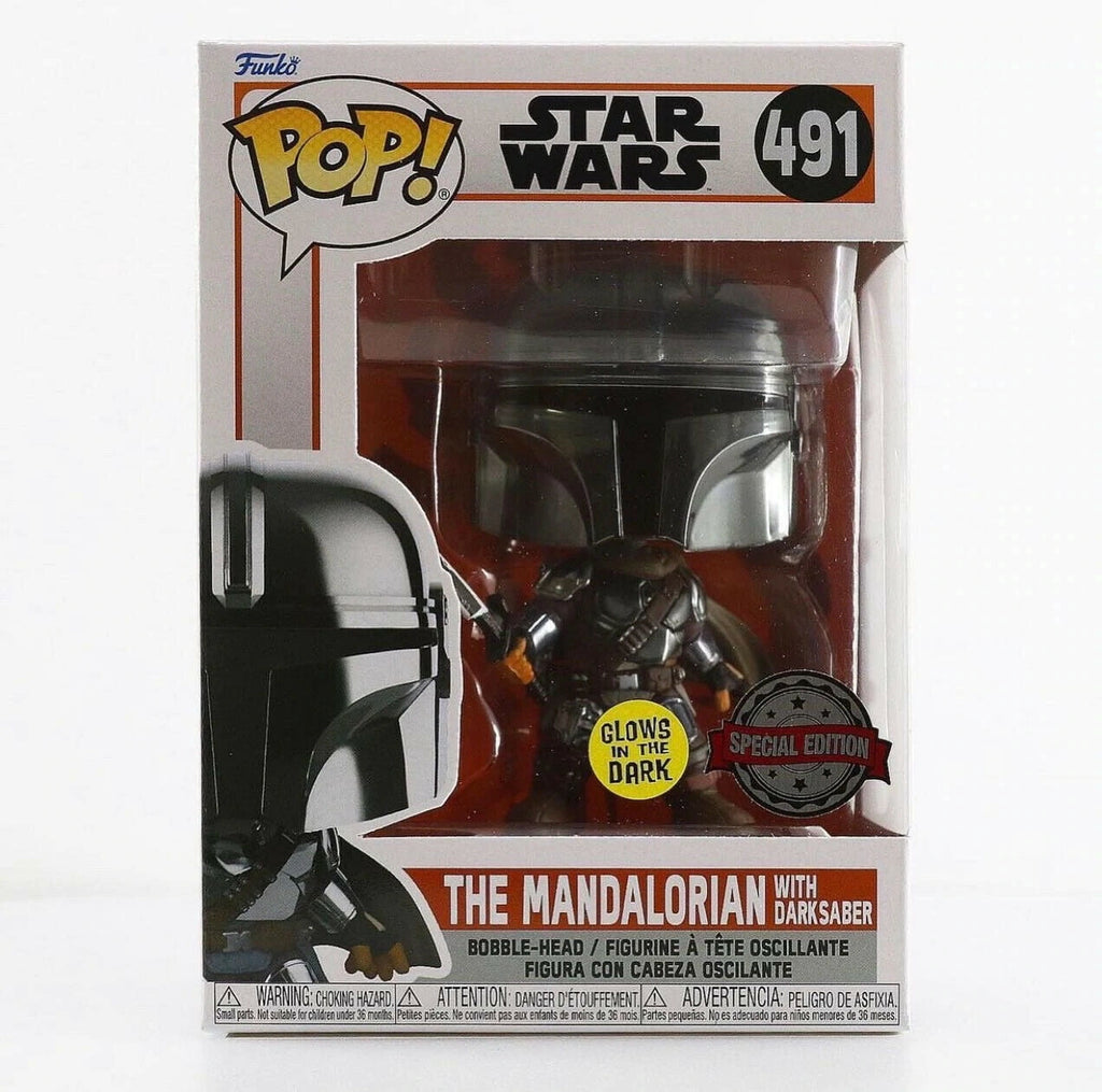 The Mandalorian with Darksaber 491 Stickered Glow in the Dark Vinyl Pop with Protector
