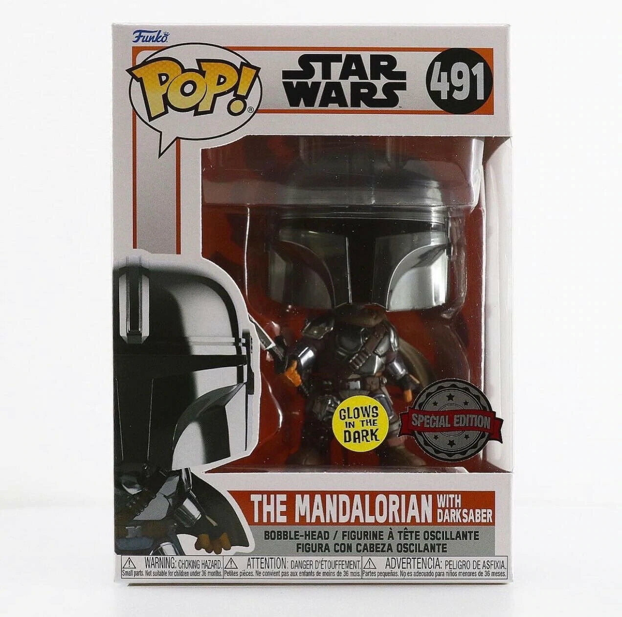 The Mandalorian with Darksaber 491 Stickered Glow in the Dark Vinyl Pop with Protector